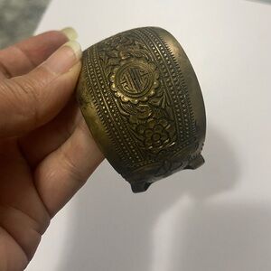 Ornate Embossed Brass Cuff Bracelet - Antique Gold Tone